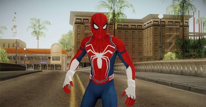 O herói da vizinhança, o Spider-Man se encontra no meio de uma avenida olhando trajando seu uniforme de super herói.