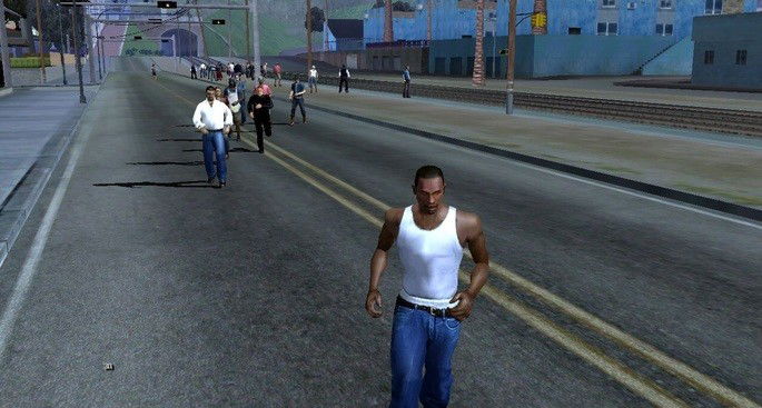 O personagem CJ corre em meio a avenida para fugir da multidão de zumbis que o perseguem.