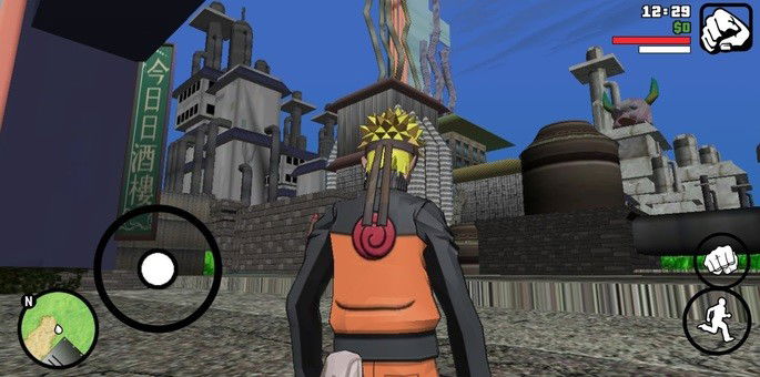 Personagem Naruto se encontra de costas para a tela, olhando uma parte da vila da Folha, seu lar.