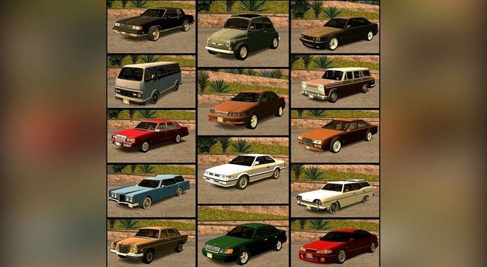 Vários modelos de carros antigos apresentados numa única imagem.