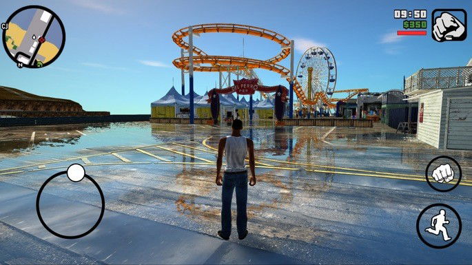 O personagem CJ se encontra num pier de frente para um parque de diversões.