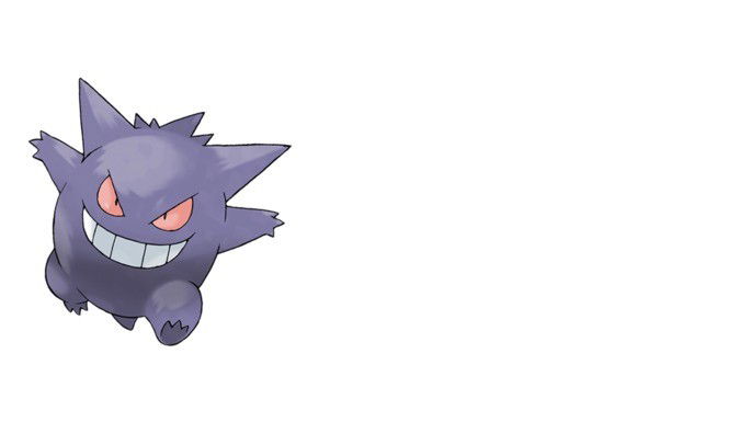 Pokémon Fantasma, parece ter um formato de bola com pontas, seus olhos parecem ser maldosos