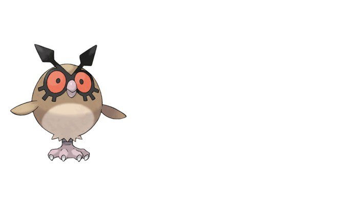 Pokémon Voador, parece uma coruja de uma pata, com olhos grandes e vermelhos