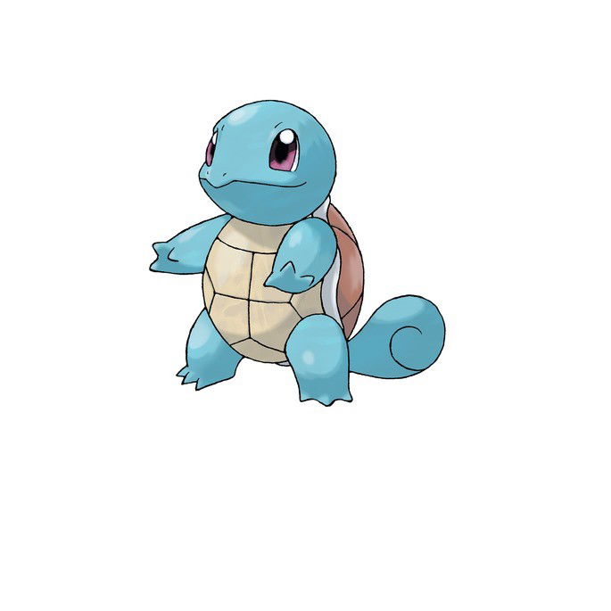 Squirtle, pokémon do tipo água, em formato de tartaruga com pele azulada.