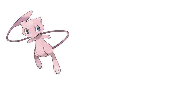 Pokémon Psíquico, parece um urso de pelúcia cor de rosa, com grandes olhos azuis e uma comprida e fina calda.
