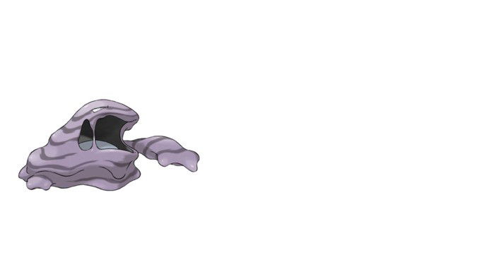 Pokémon venenoso, parece uma gosma de esgoto, com uma grande boca aberta.