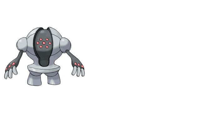 Pokémon de Aço, parece um robô gigante de aço com bolinhas vermelhas no centro do corpo.