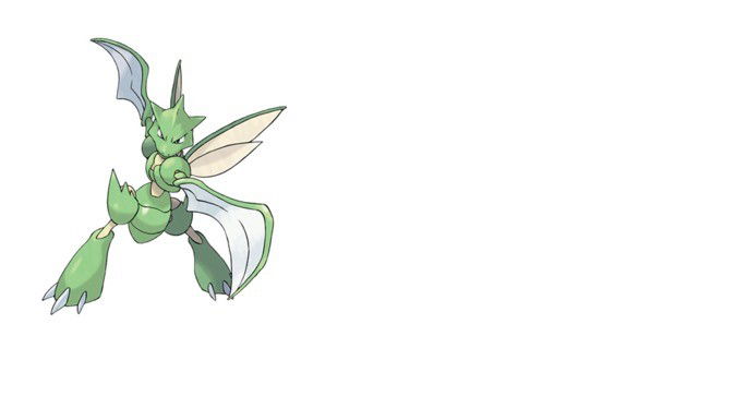 Pokémon inseto, parece um louva Deus com pinças de aço e asas. Sua carapaça parece uma armadura verde.